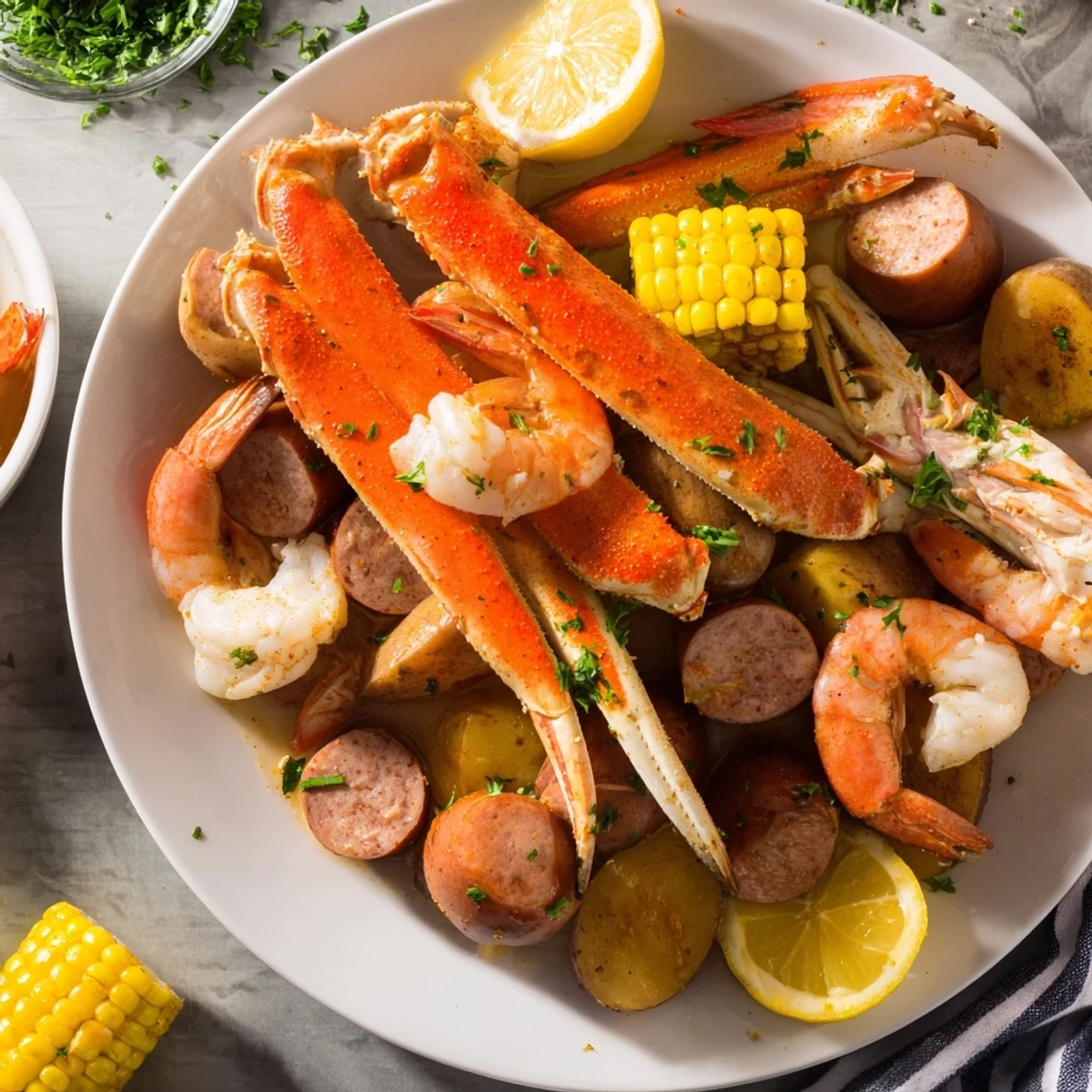 Steaming seafood boil with crab, shrimp, sausage, and corn arranged on a platter ready to serve.