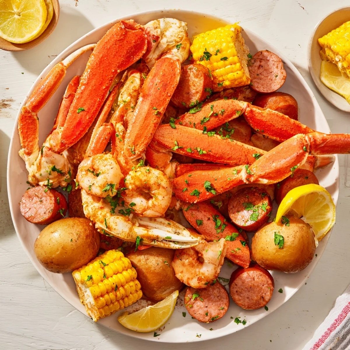 Aromatic seafood boil featuring snow crab legs, shrimp, and sausage with golden corn and potatoes.