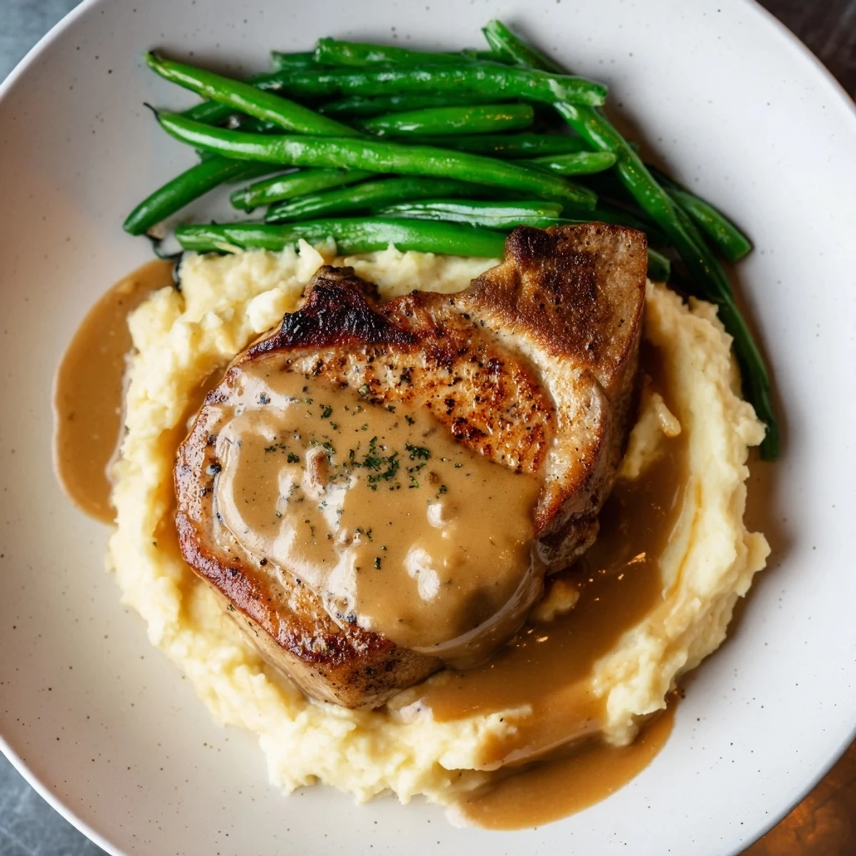 Tender pork chops, rich pan gravy, and creamy cheddar mash make a perfect Pork Chops & Cheddar Mash Bowl.