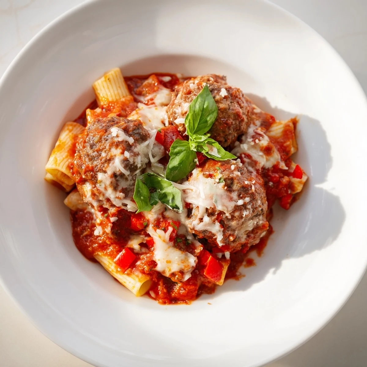 Hearty Italian Meatball Pasta Skillet; imagine tender meatballs nestled in rich tomato sauce with pasta.