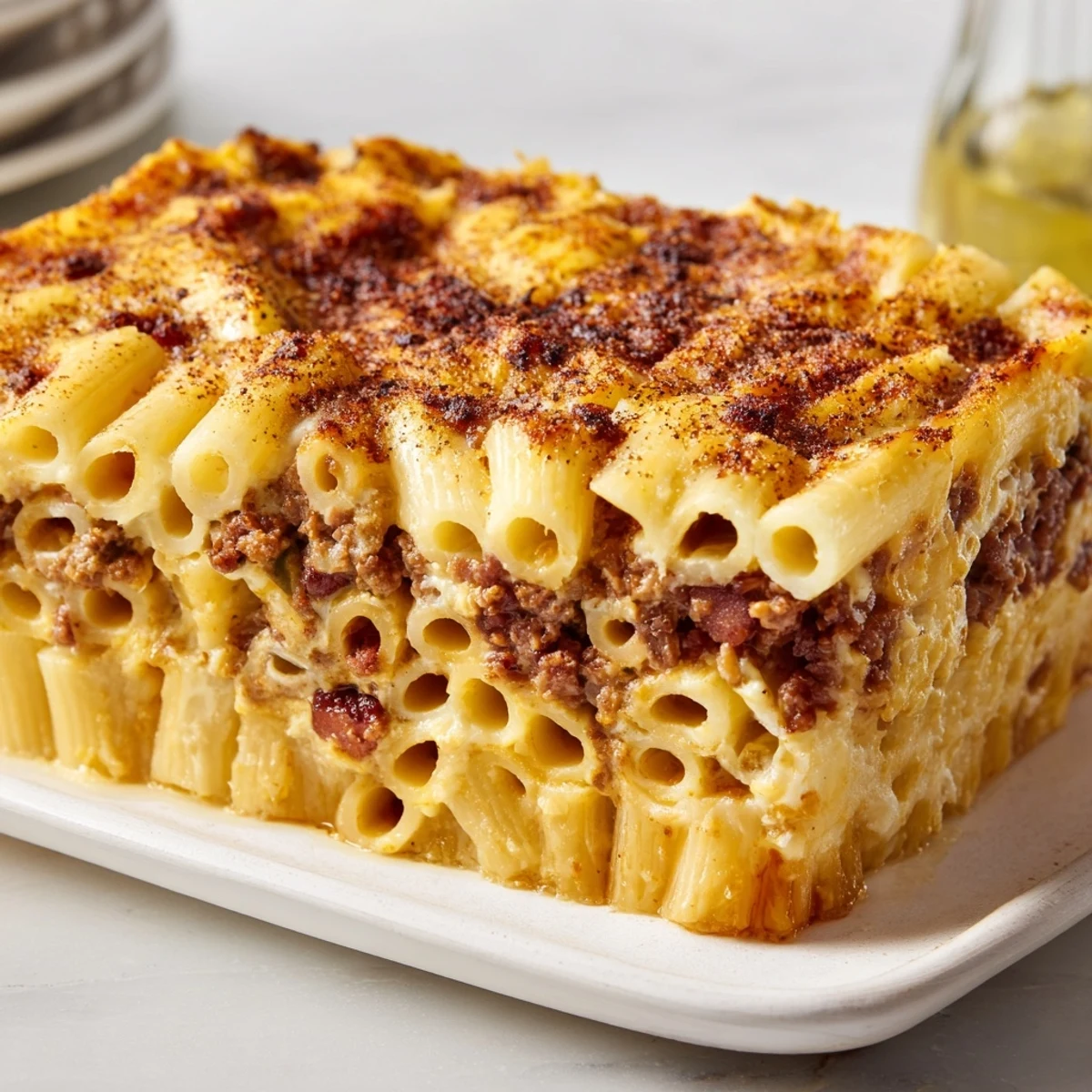 Golden-topped Greek Pastitsio: a layered baked pasta dish with savory beef and creamy béchamel.
