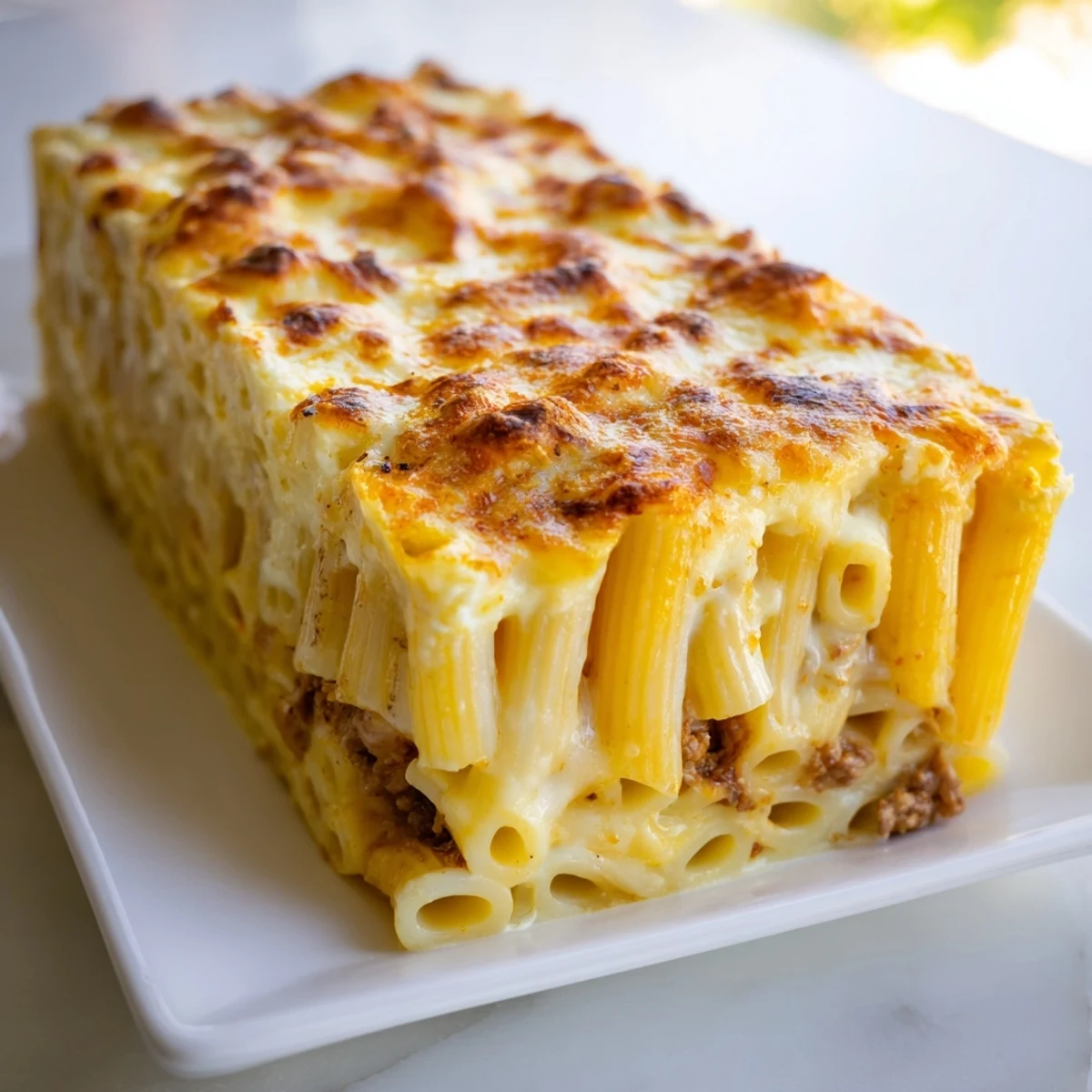 A comforting close-up shot of Greek Pastitsio, showcasing rich, browned béchamel over pasta.