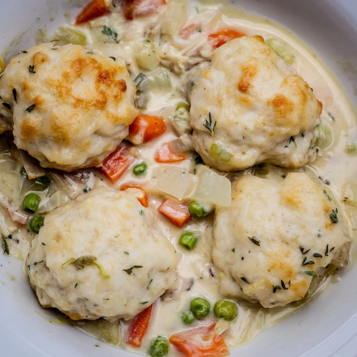 Creamy Chicken and Dumplings Casserole with fluffy dumplings and tender chicken, a comforting American classic.