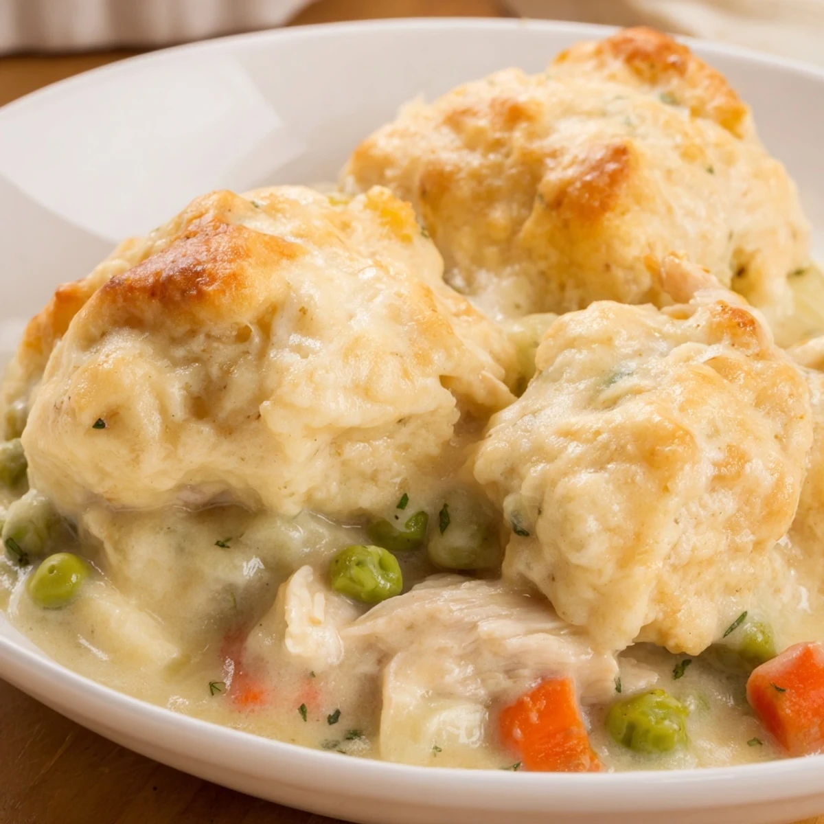 Chicken and Dumplings Casserole, a golden-brown baked casserole, steam rising, ready for serving.