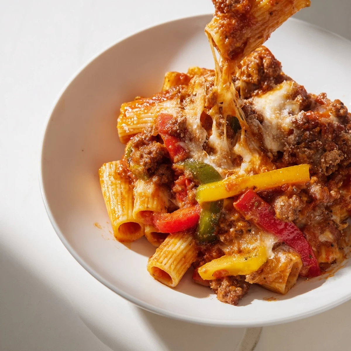 Baked Rigatoni with Sausage & Peppers, bubbling hot, covered in melted mozzarella, ready for serving.
