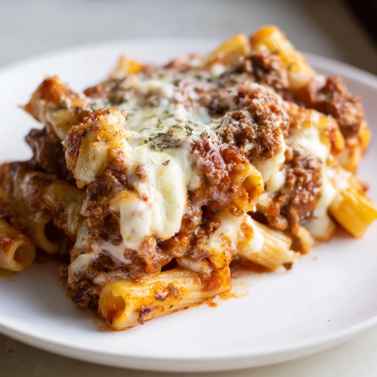 Cheesy baked ziti with layers of hearty meat sauce—a comforting Italian-American classic.