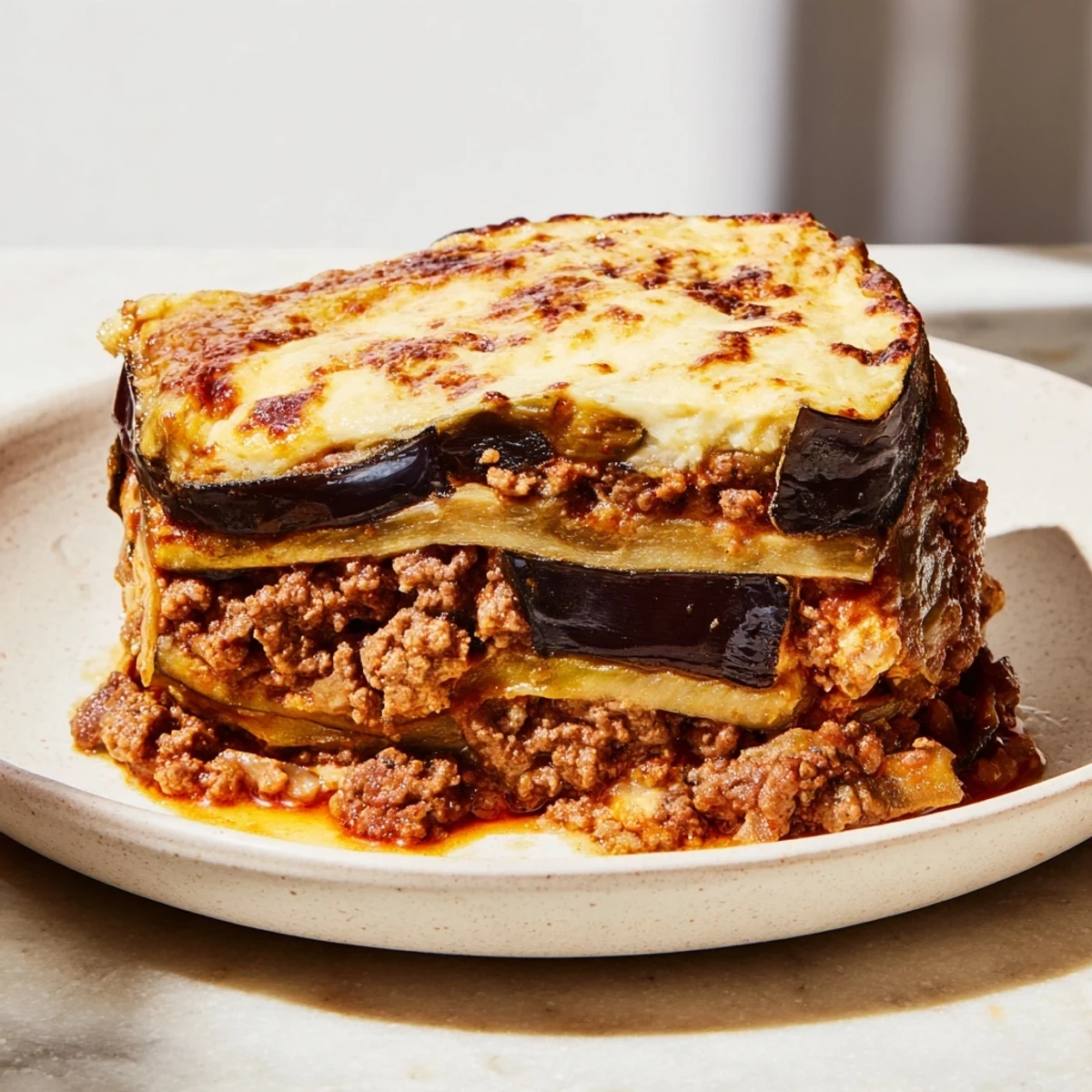 A close-up view of a baked moussaka, showcasing its perfectly layered ingredients and bubbly topping.
