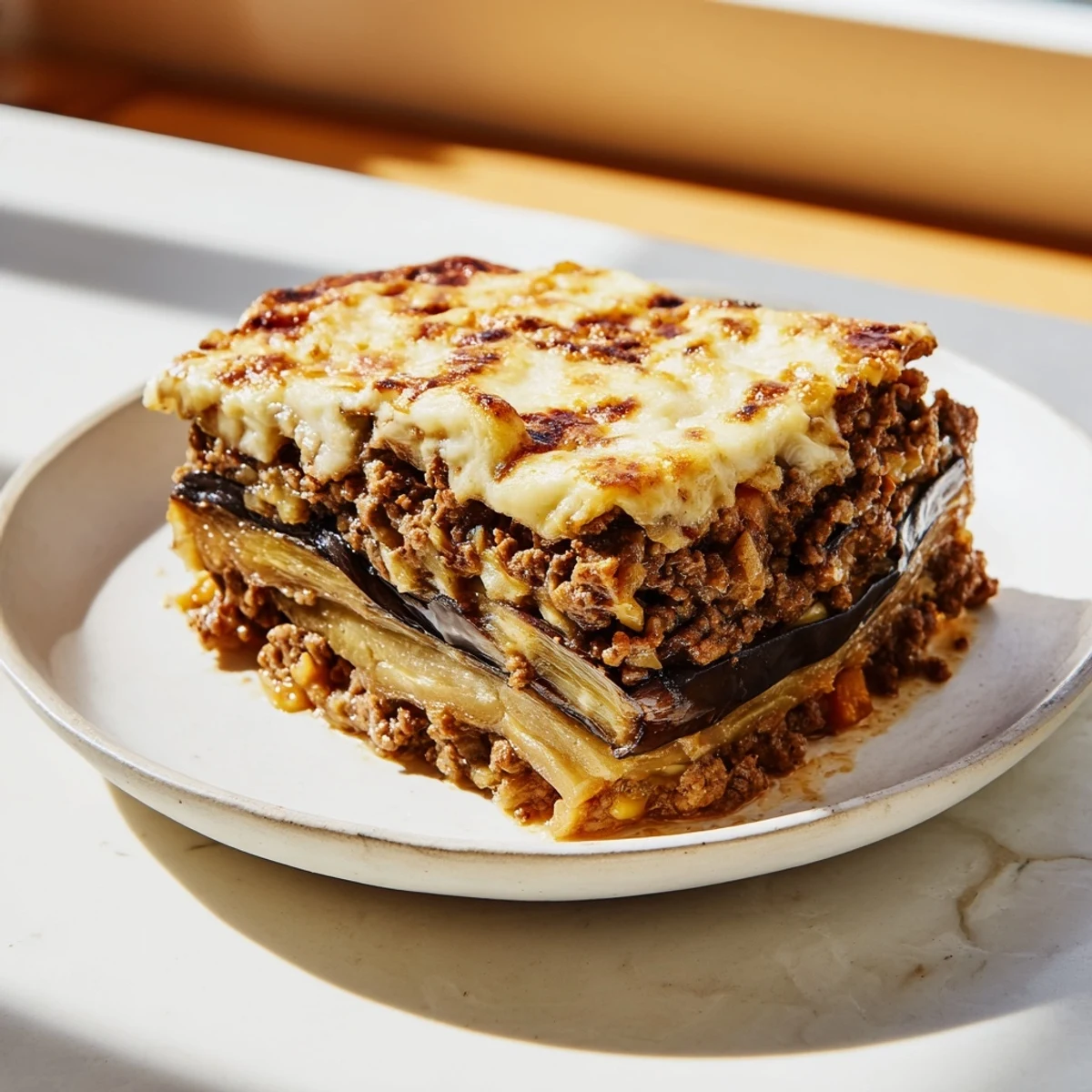 Homemade moussaka, a classic Greek casserole, with a flavorful beef filling under a creamy béchamel sauce.