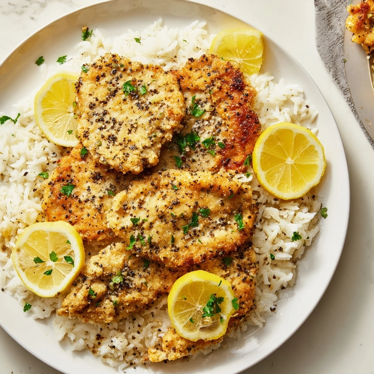 Juicy, golden Lemon Pepper Chicken nestled atop fluffy white rice, ready to enjoy as a flavorful dinner.