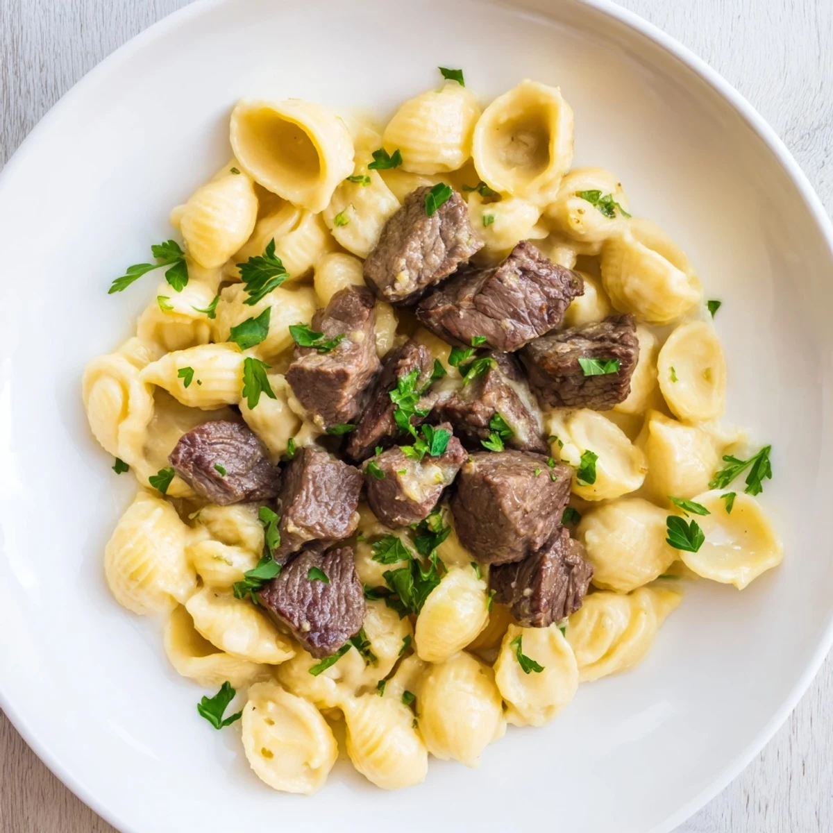 A close-up of tender, flavorful garlic butter steak bites nestled over warm, golden cheesy pasta.