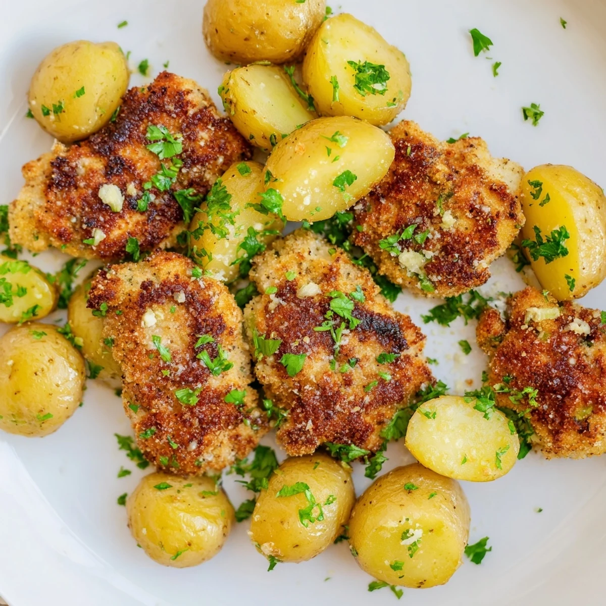 Oven-baked Crispy Parmesan Crusted Chicken & Potatoes, offering tender chicken and perfectly roasted potatoes.
