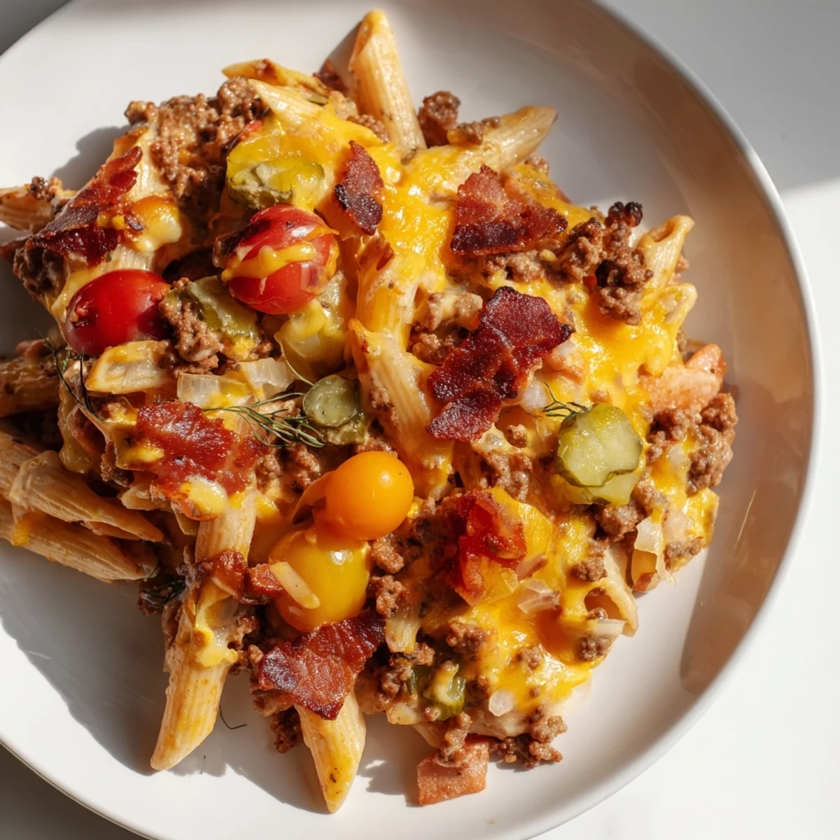 Creamy, cheesy Bacon Cheeseburger Pasta Bake with crispy bacon and melted cheddar, ready to eat!