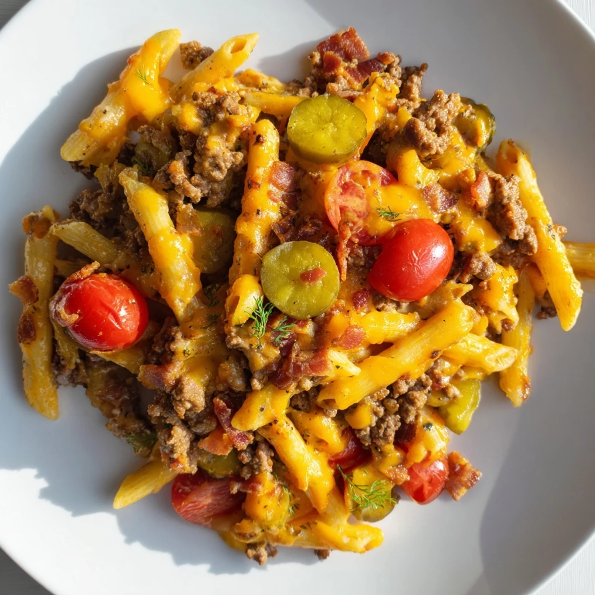A bubbling, golden-brown Bacon Cheeseburger Pasta Bake, perfect for dinner with your family tonight.