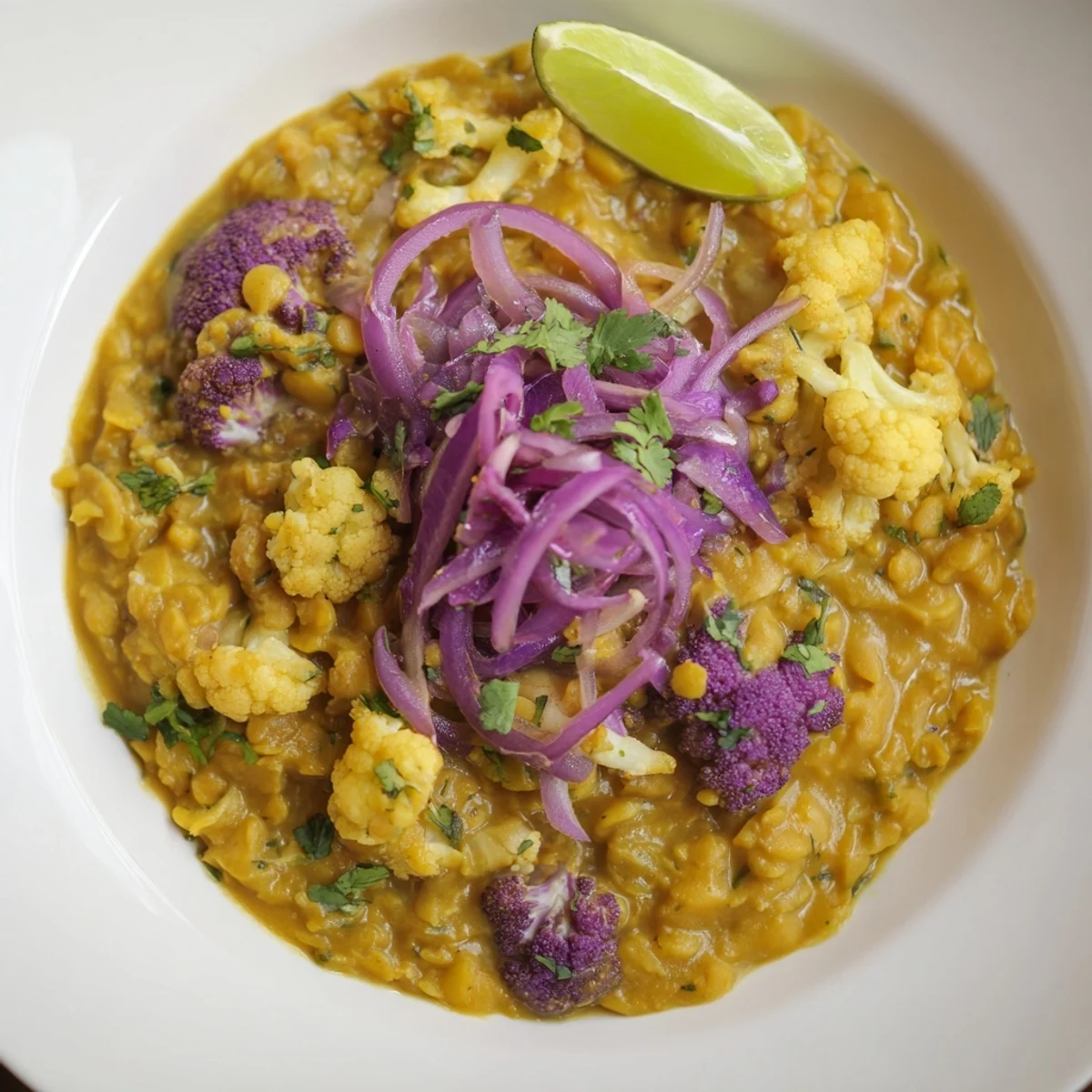 Vibrant Red Cabbage, Cauliflower & Coconut Dhal, ready to serve with fresh cilantro garnish and lemon wedges.