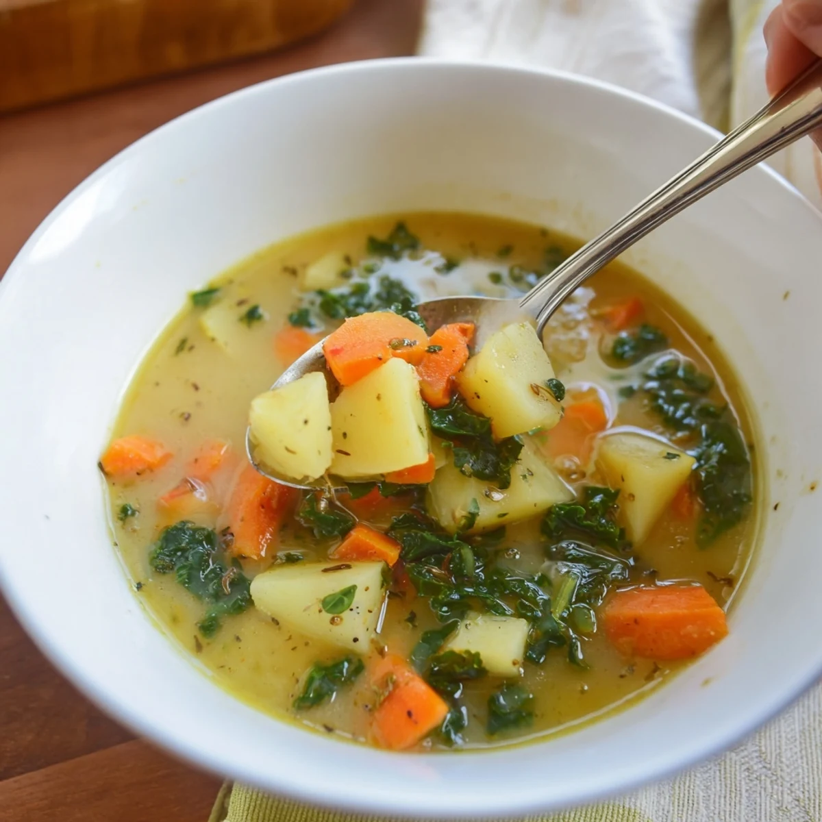 Steaming bowl of Vegetarian Potato-Kale Soup, garnished, ready to be ladled and enjoyed this winter.