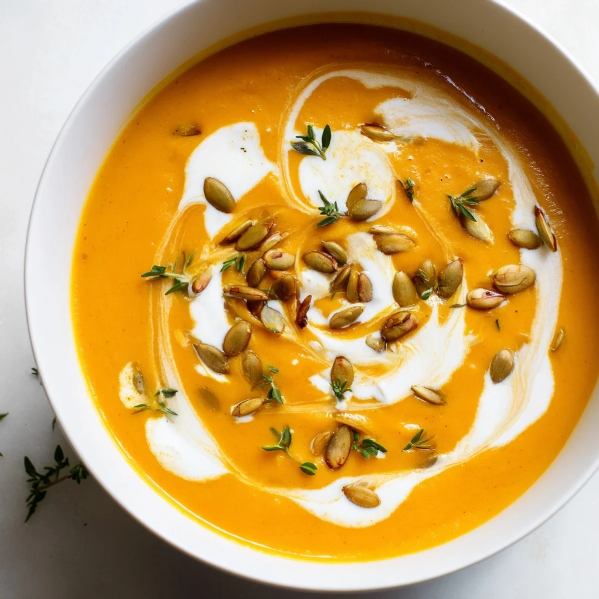 Creamy Roasted Acorn Squash Soup: a warm, vibrant bowl topped with fresh herbs and a cream swirl.