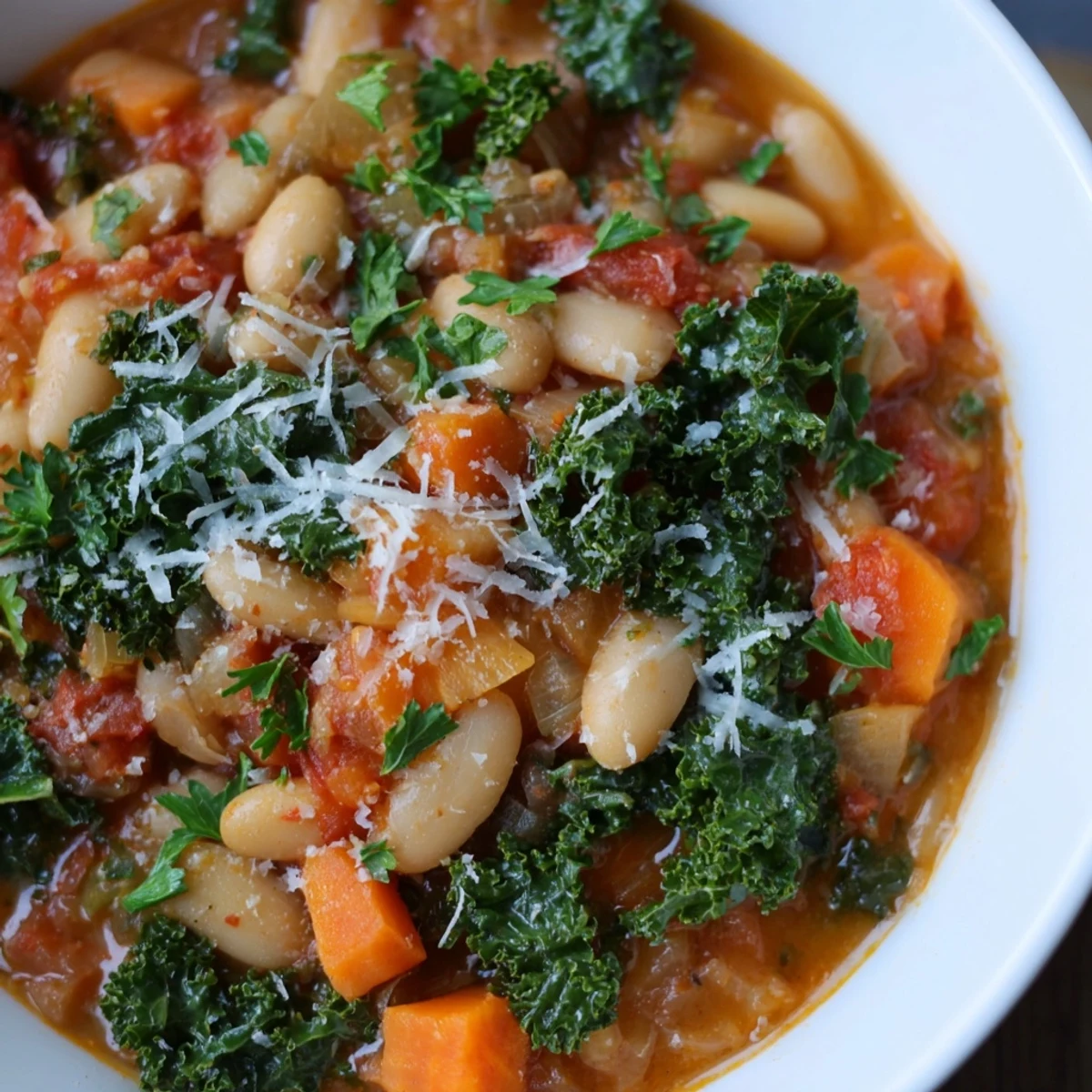 A steaming bowl of Italian Bean & Kale Stew, a vibrant, flavorful Italian comfort food.
