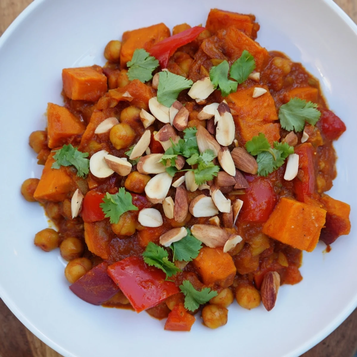Steaming Moroccan Chickpea & Sweet Potato Tagine, a vibrant, spiced stew ready to serve with fresh herbs.