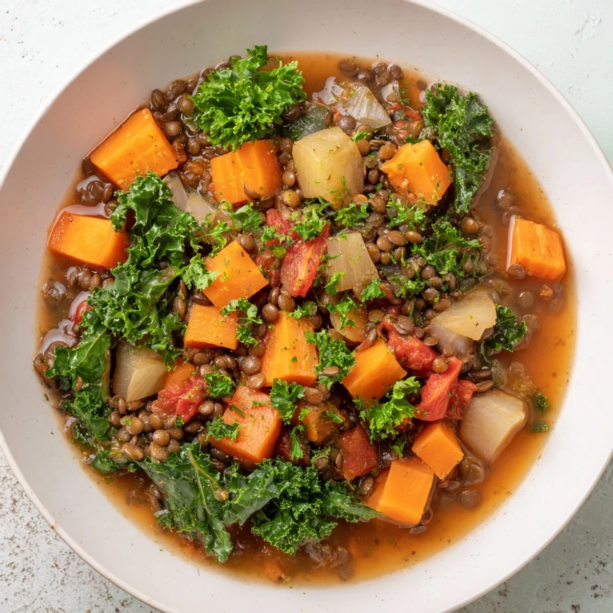Winter vegetable and lentil soup: a warm, steaming bowl filled with colorful vegetables and savory lentils.