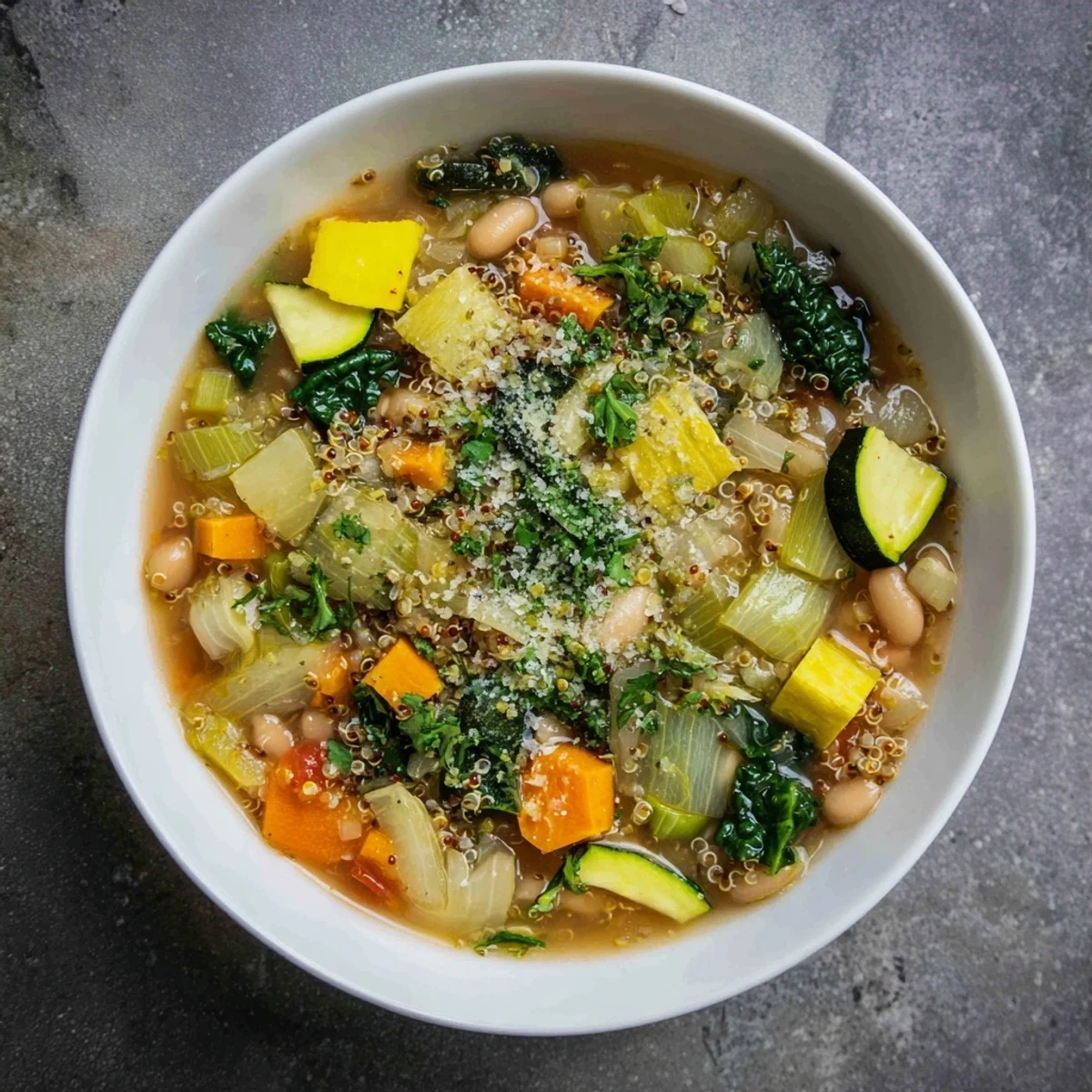 Steaming bowl of Minestrone with Quinoa, garnished with parsley and parmesan cheese.