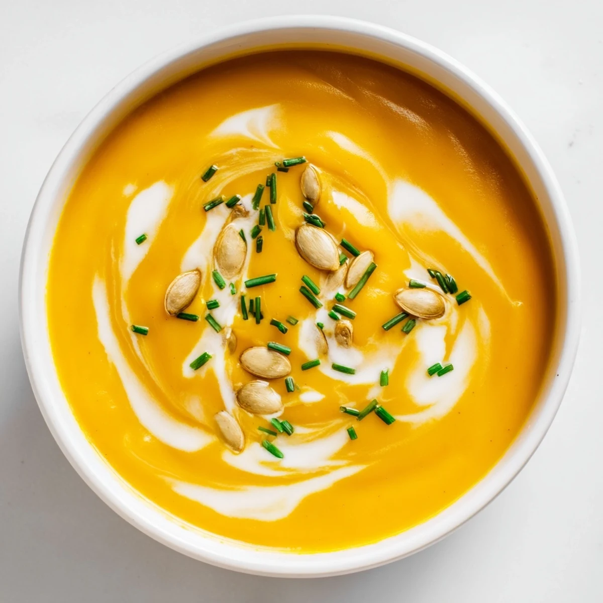 A creamy bowl of Butternut Squash & Pear Soup, swirled beautifully with coconut milk.