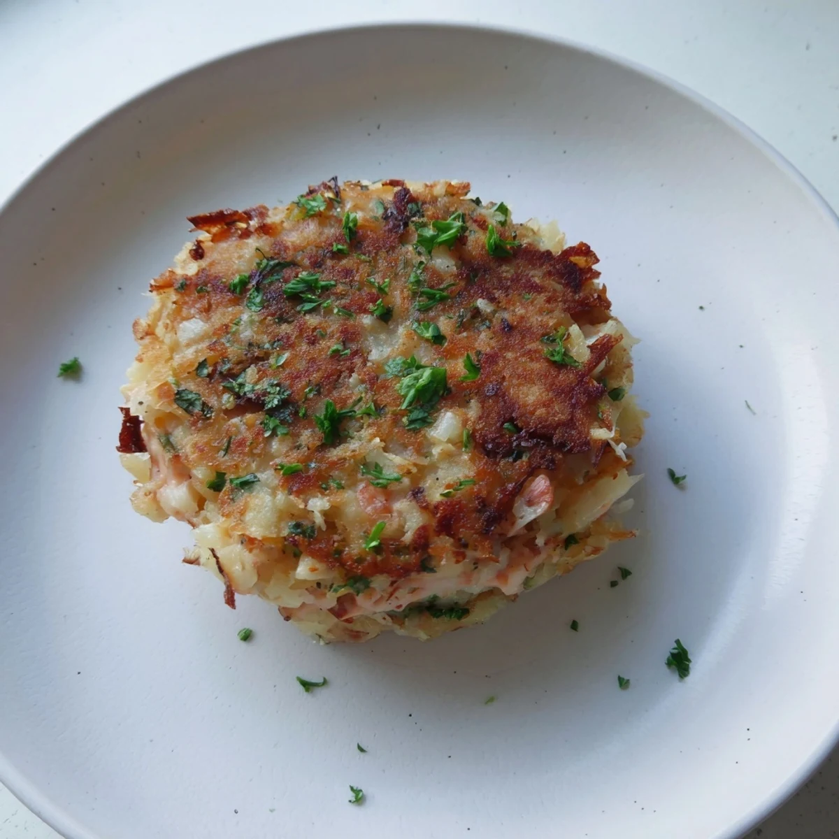 Crispy, golden-brown Depression-Era Ham & Potato Patties ready to eat, served on a white plate.