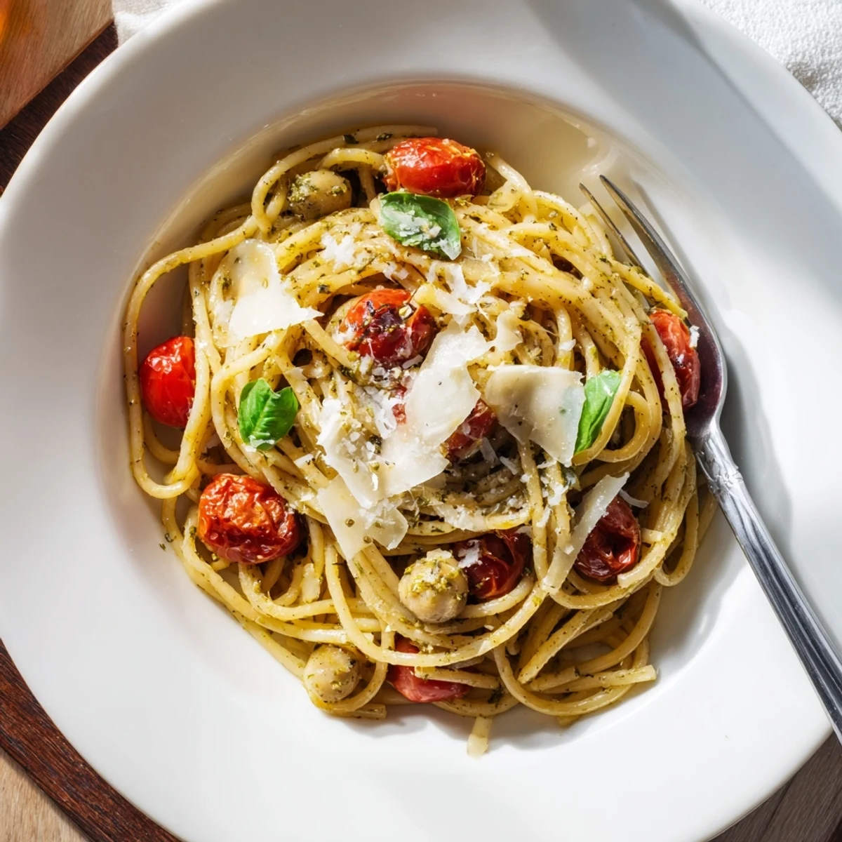 A close-up of delicious Lazy-Girl Pasta with fresh basil, ready to be enjoyed as a quick dinner.