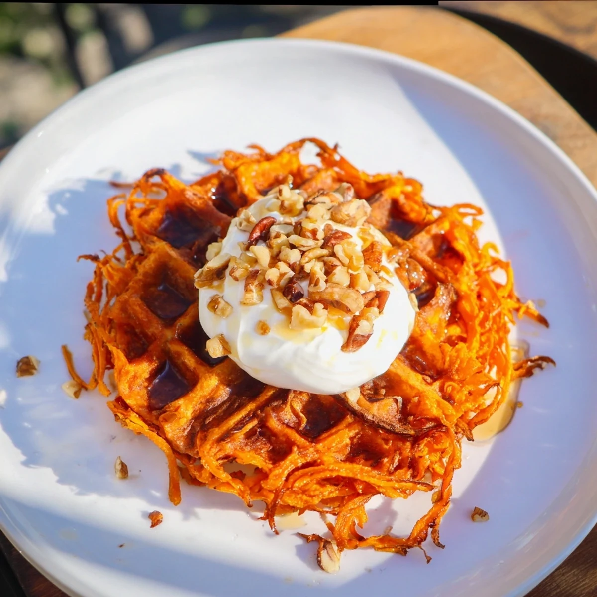 Fluffy sweet potato waffles, topped with fresh berries, perfect for a weekend breakfast in the U.S.