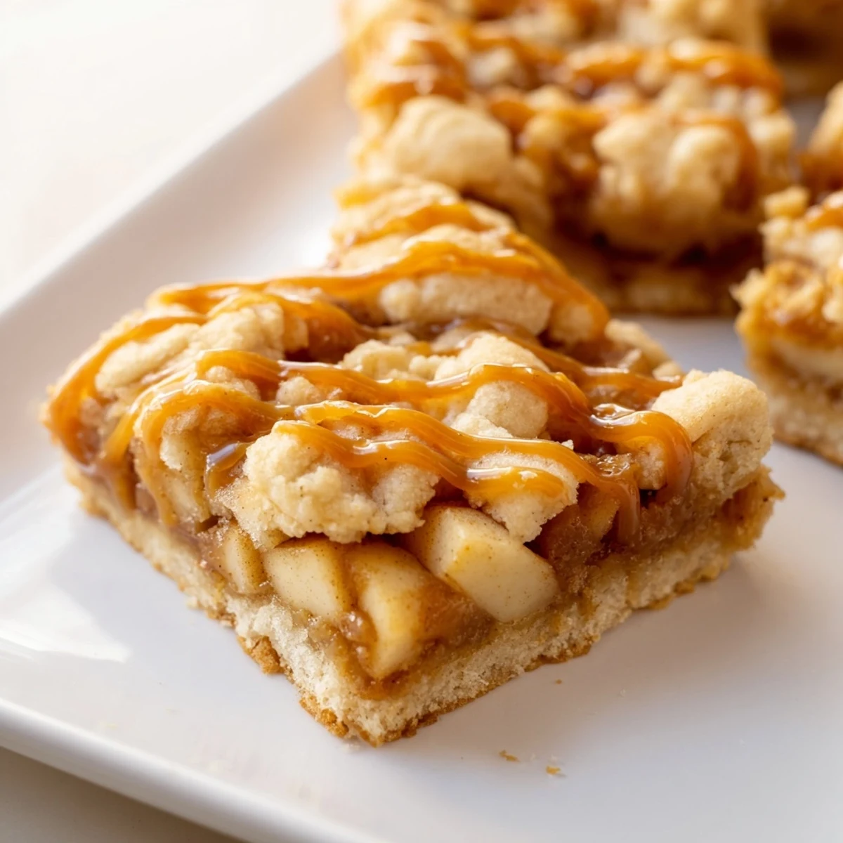 A close-up of golden Caramel Apple Cookie Bars, perfect for a cozy fall dessert, ready to serve.