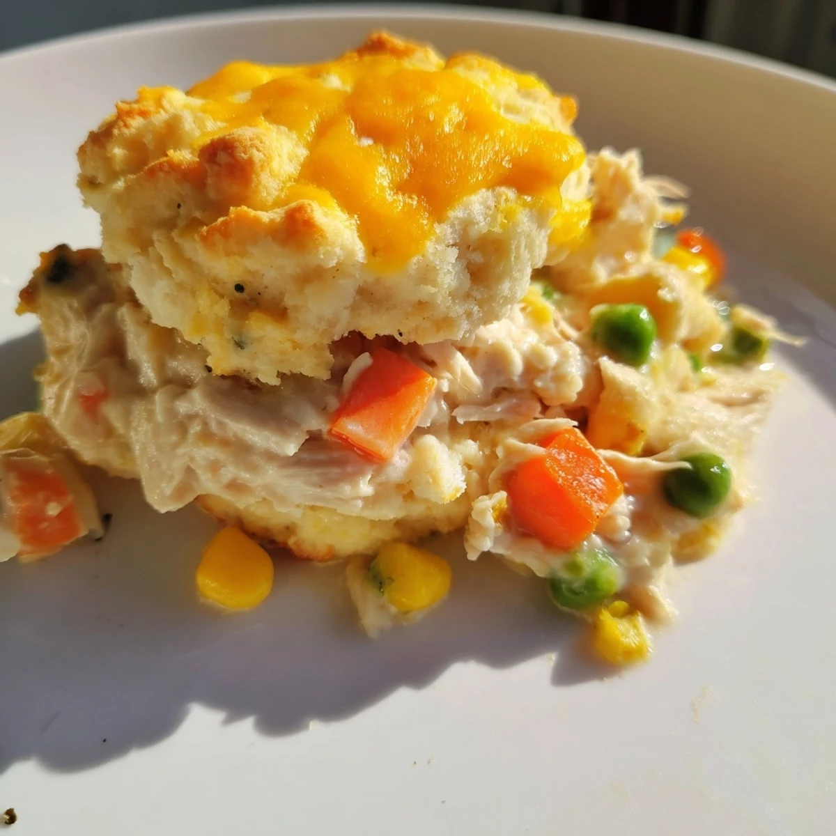 One-Pan Chicken Cobbler, a savory dish with golden cheddar biscuits on top of creamy chicken.