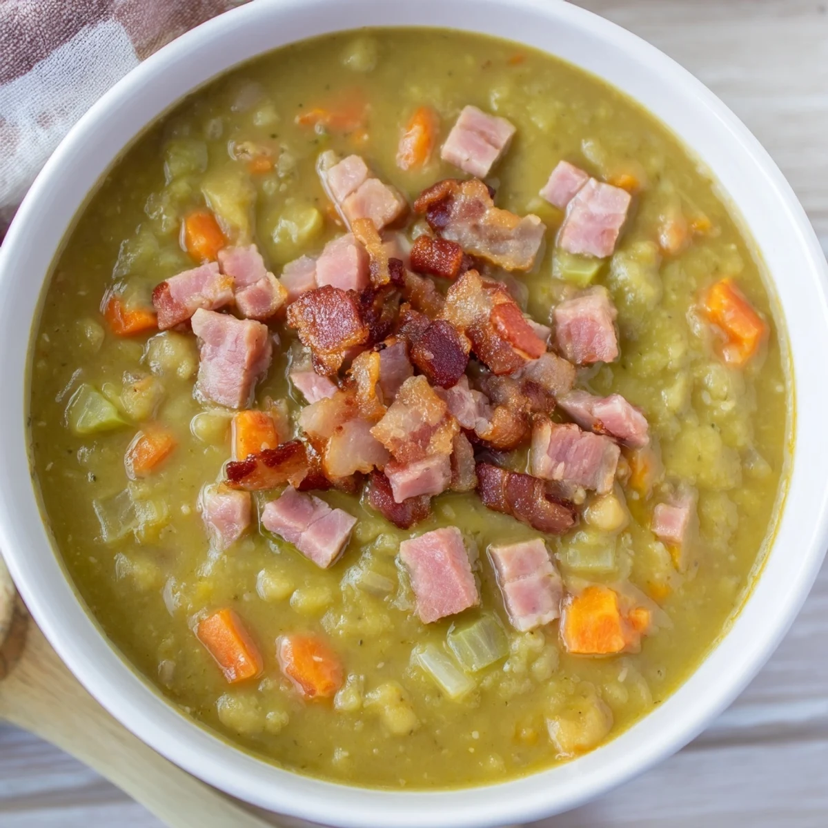 Steaming bowl of Split Pea Soup with canned ham, garnished with crispy bacon, a comfort food classic.