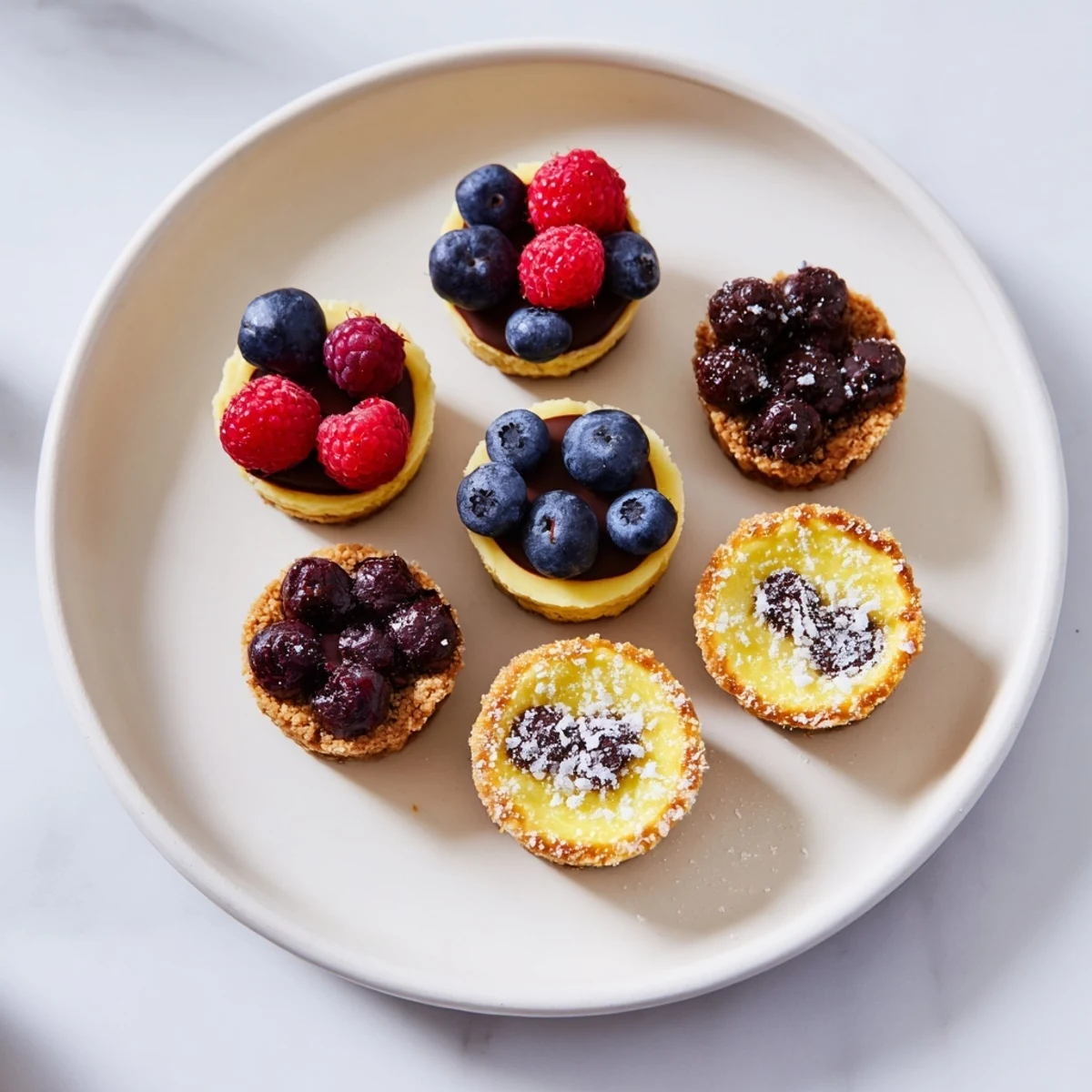 A colorful trio of mini dessert bites, featuring rich chocolate tarts, cheesecakes, and lemon curd delights.