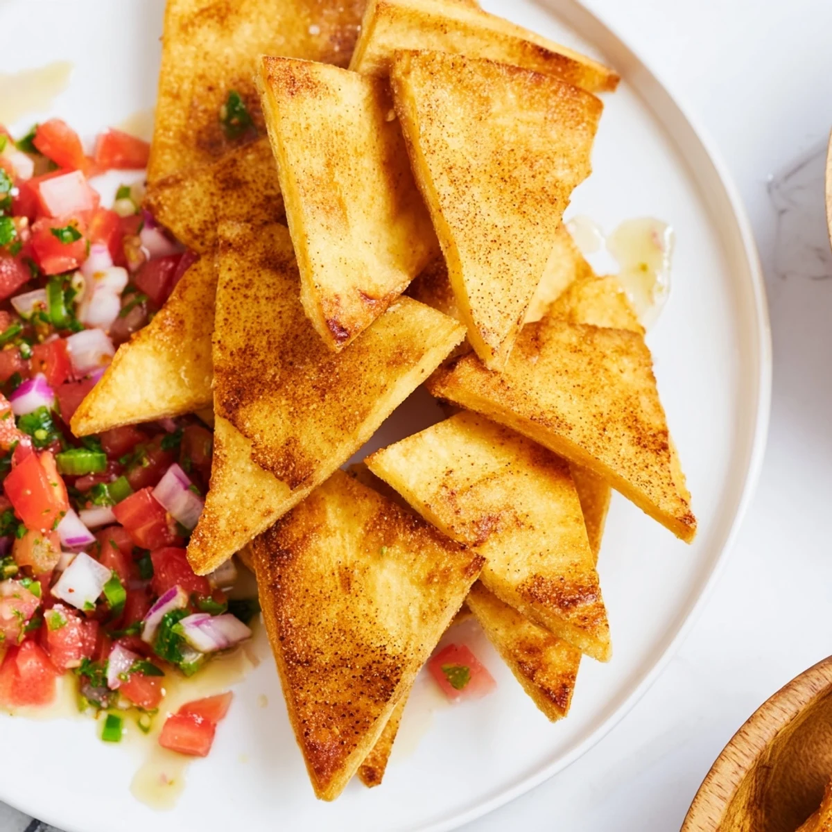 Enjoy perfectly crispy air-fryer tortilla chips, a simple side, with a refreshing bowl of salsa.