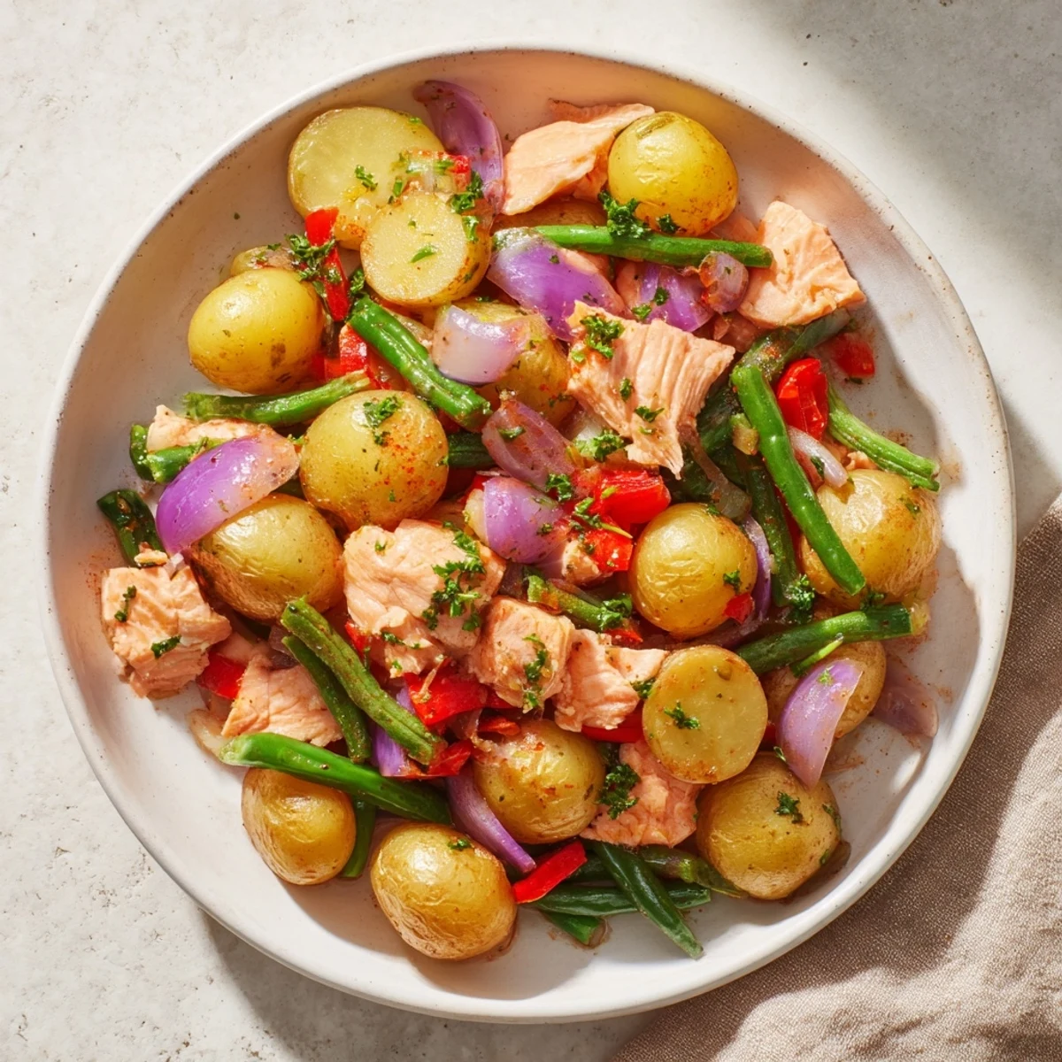 Golden-brown salmon & potato skillet: a colorful view of tender fish and crispy potatoes.