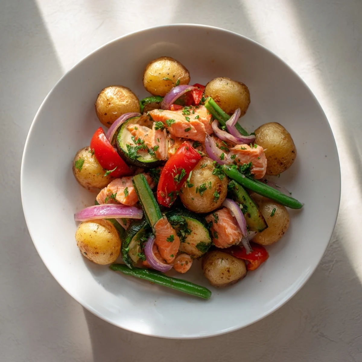 One-pan salmon & potato skillet: a close-up of flaky salmon and flavorful vegetables ready to eat.