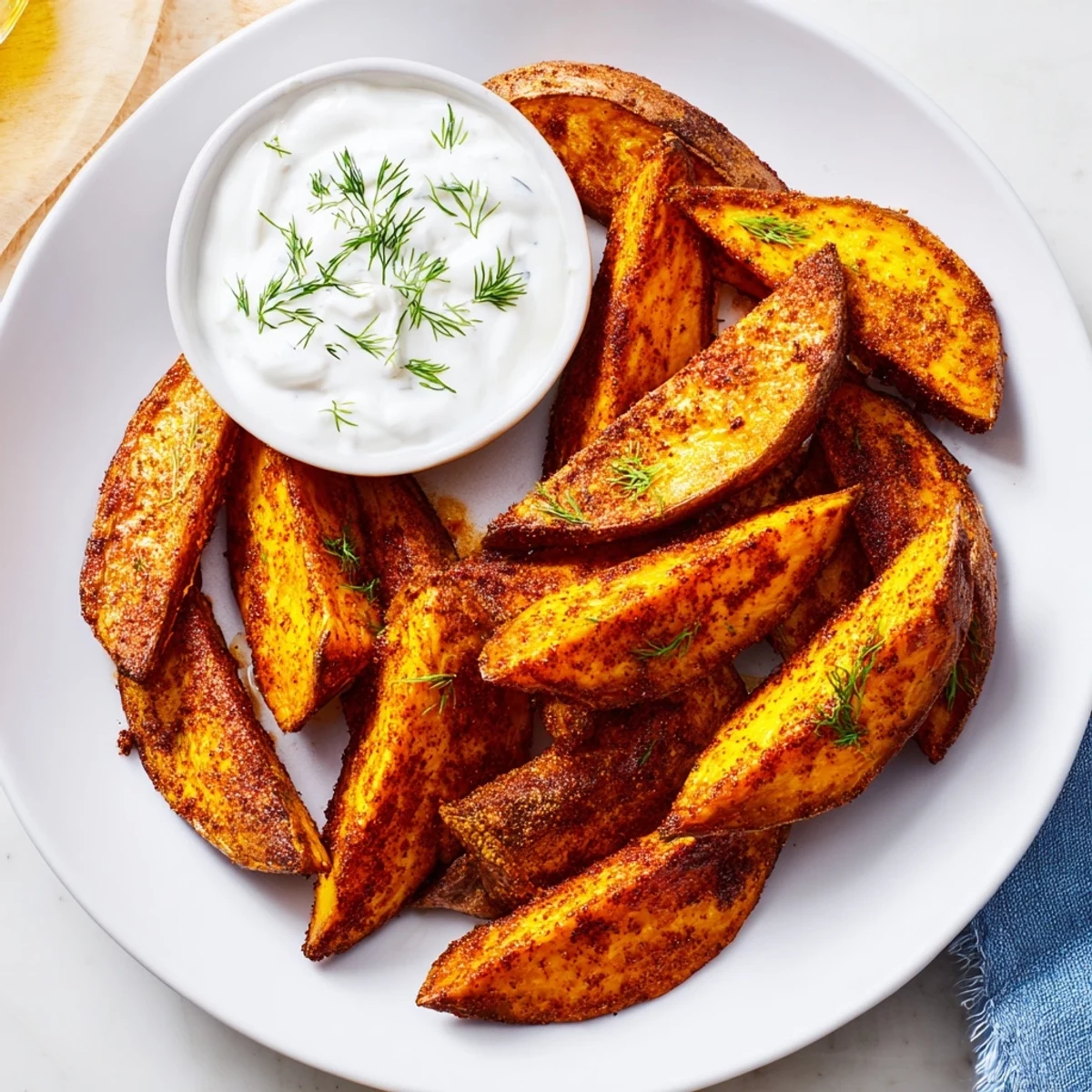 Crispy roasted sweet potato wedges glistening, served with cool, creamy yogurt dip.