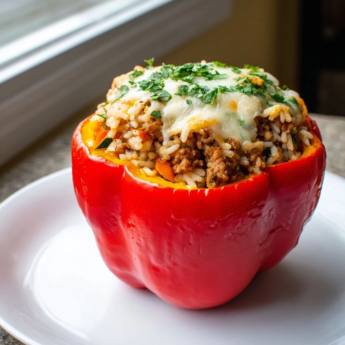 Savory, colorful image of baked stuffed peppers with ground turkey, cheese, and rice.