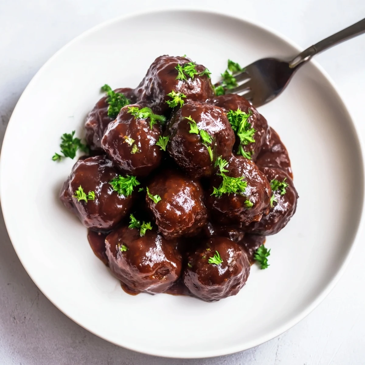 Golden, glossy cherry BBQ meatballs simmer in a slow cooker, ready for serving as a hearty appetizer.