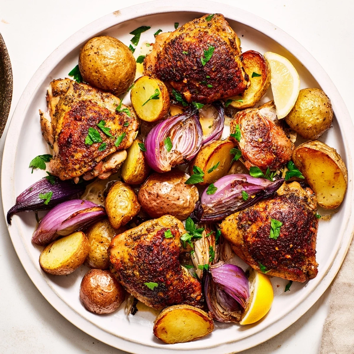 Crispy zaatar-seasoned Sheet Pan Chicken and potatoes, ready to serve with fresh parsley and lemon wedges for delightful flavor.