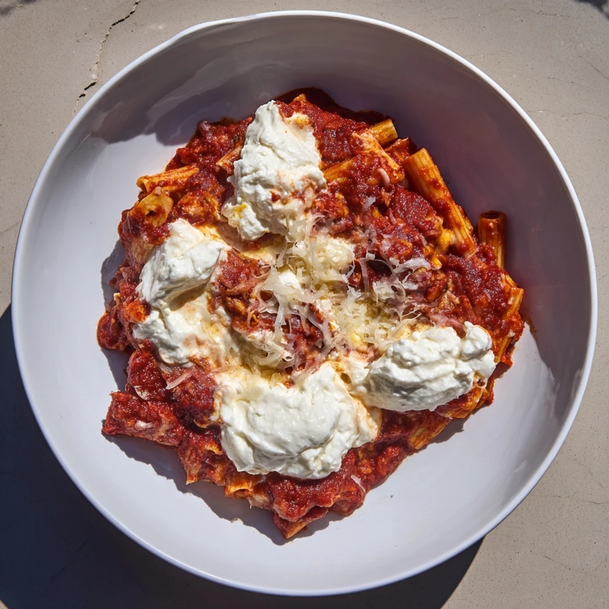 Steaming slow cooker baked ziti with bubbly mozzarella, promising a hearty Italian dinner.