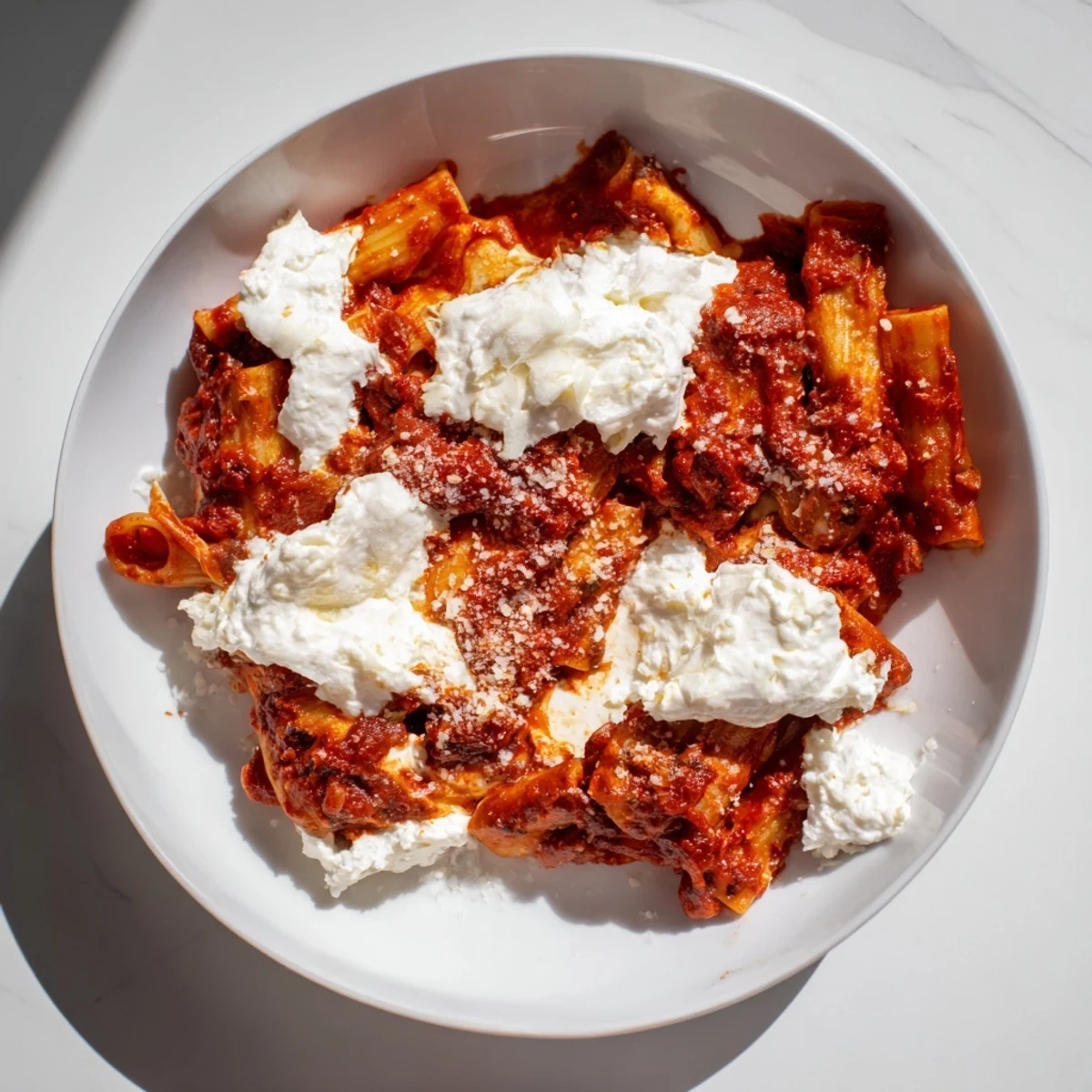 Delicious, creamy slow cooker baked ziti, revealing layers of pasta, cheese, and tomato sauce.