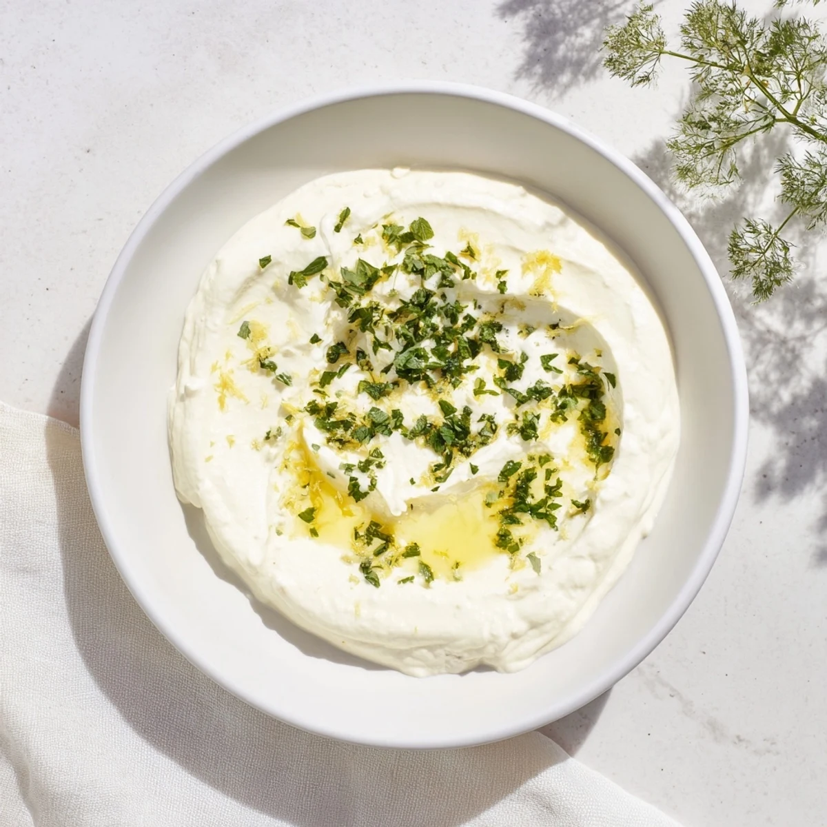 Freshly made whipped feta, drizzled with bright lemon-mint, ready for serving with crackers.