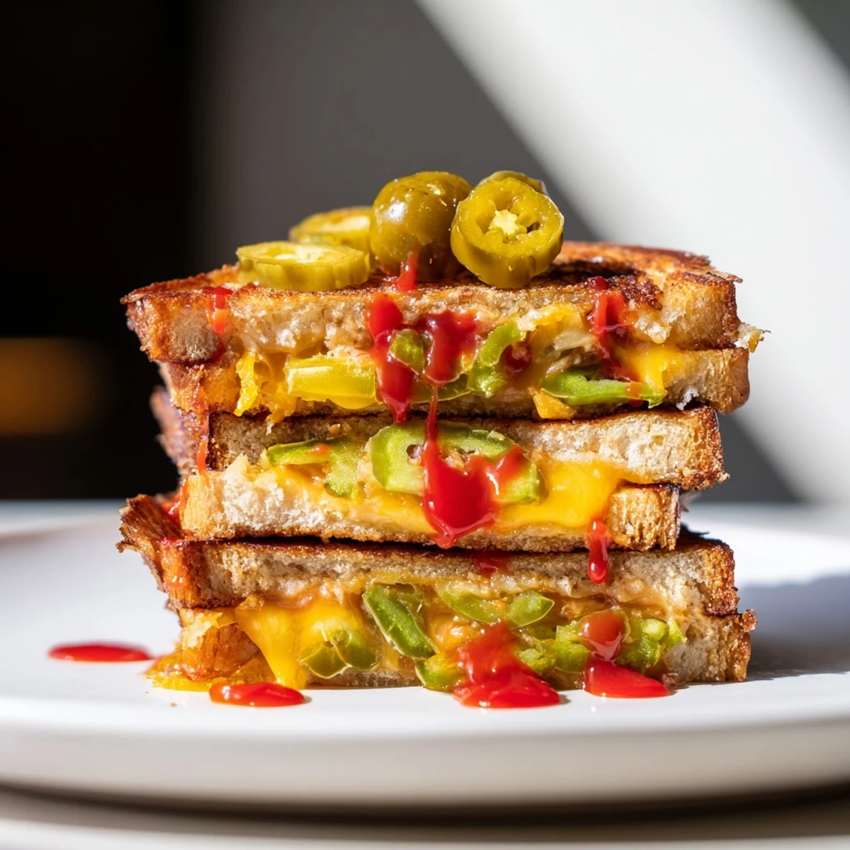 Close-up of Spicy Pickle Grilled Cheese Dippers with visible pickle slices, appealing and savory.