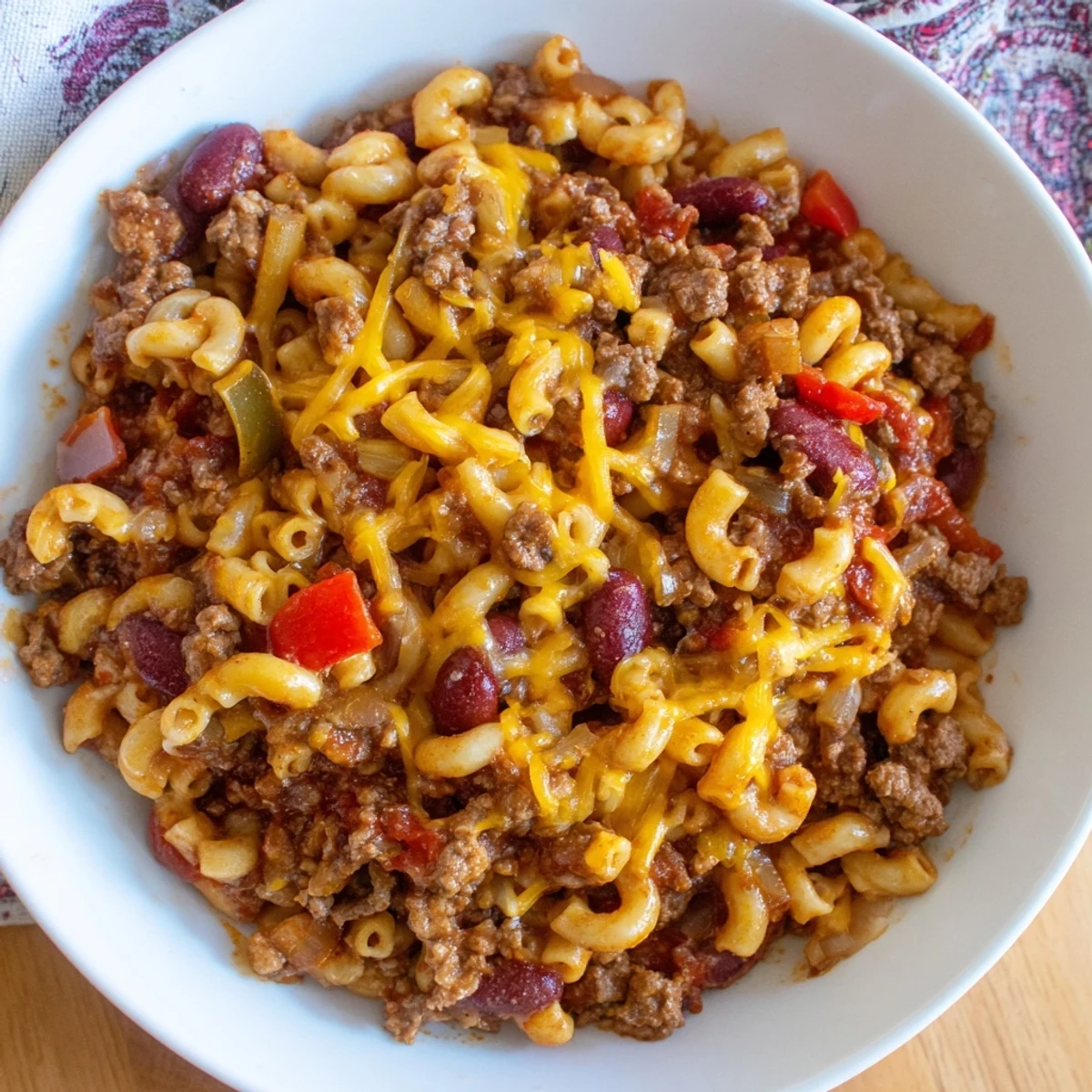 Steaming hot Cheeseburger Chili Mac Skillet, topped with melted cheddar, ready for a hearty dinner.