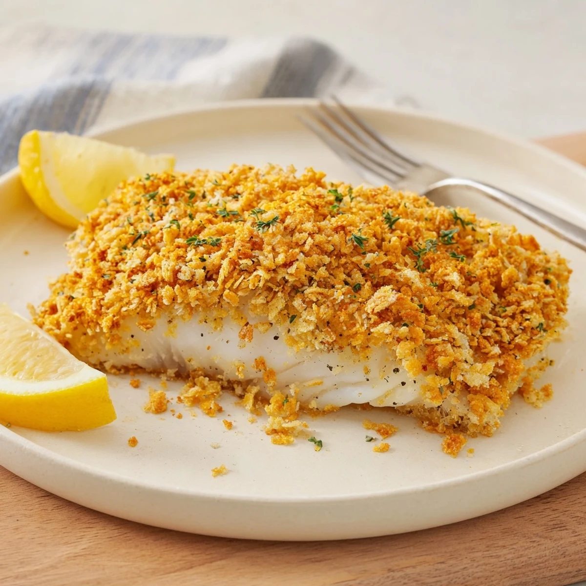 Close-up of baked cod: Flaky fish with a buttery Ritz cracker crust ready to serve.