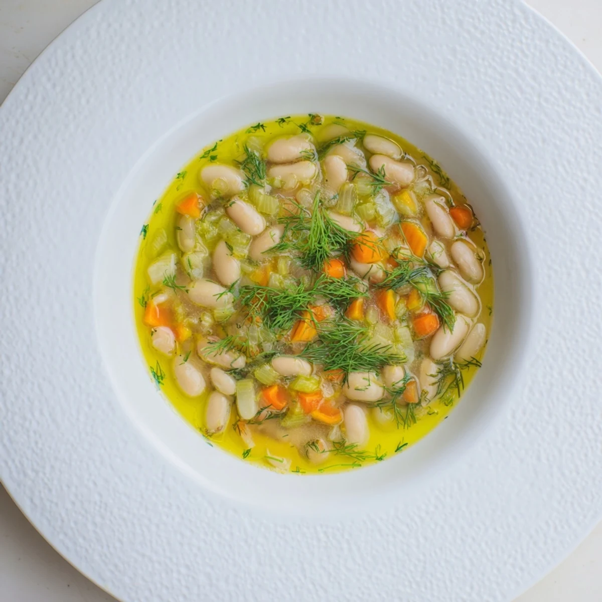 A steaming bowl of Simple White Bean and Fennel Soup, garnished with fennel fronds.