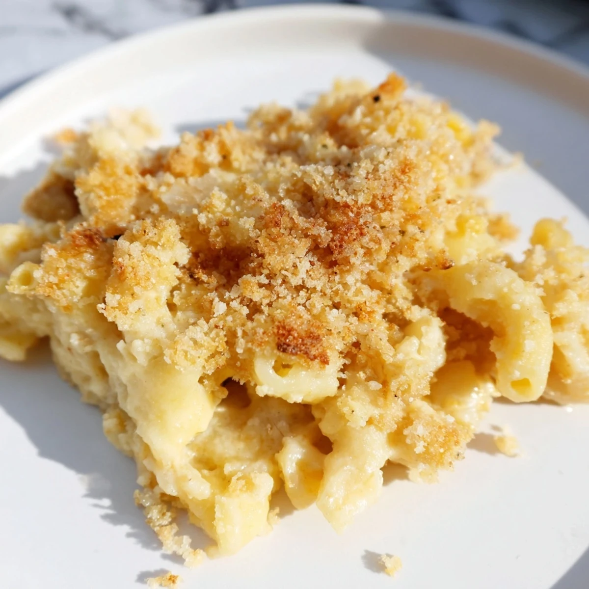 Golden, bubbly Old-Fashioned Baked Mac & Cheese with a crispy breadcrumb topping, perfect comfort food.