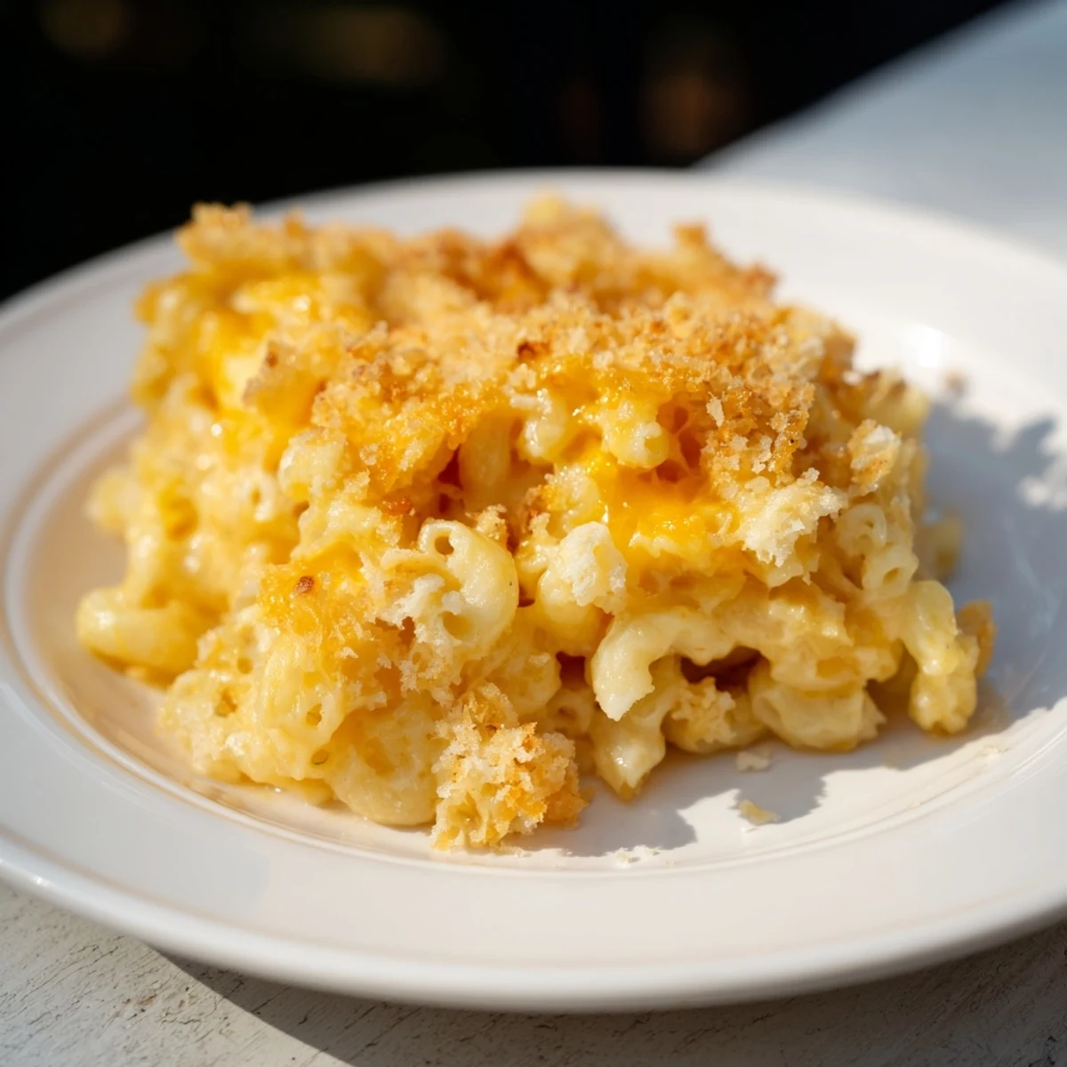 A close-up shot of rich and creamy Old-Fashioned Baked Mac & Cheese, the ultimate family favorite meal.
