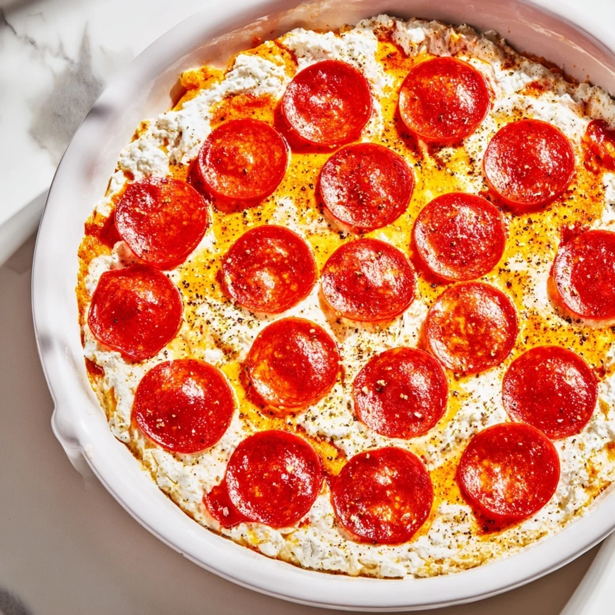 Delicious, cheesy Pizza Dip bubbling in the baking dish, ready to scoop and enjoy with friends.