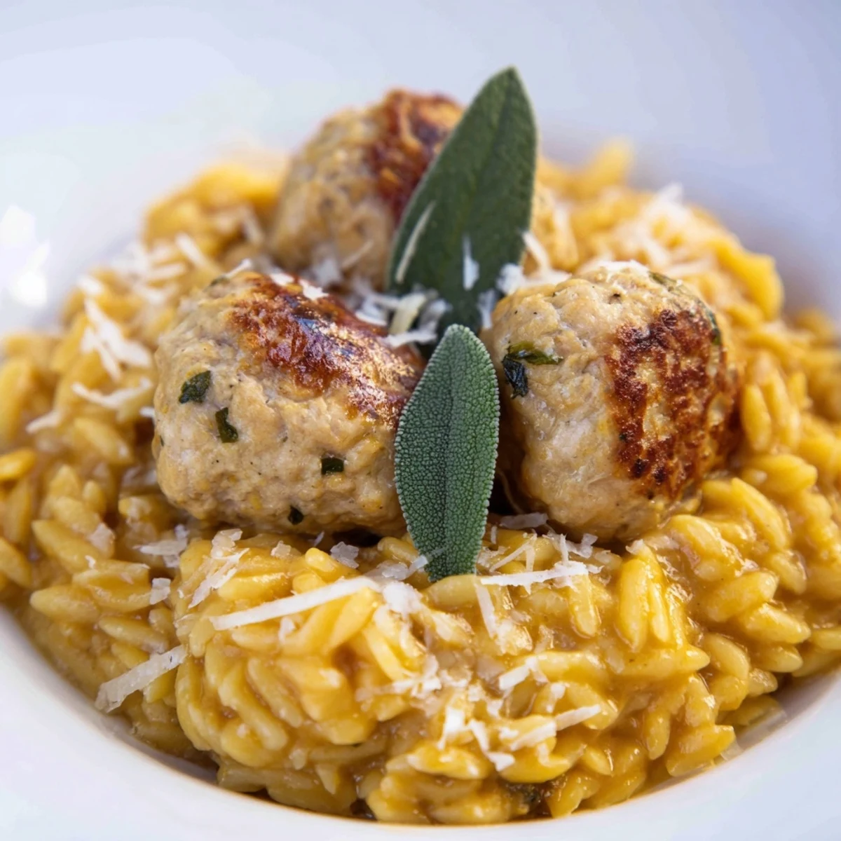 Golden-brown sage turkey meatballs nestled with creamy pumpkin orzo in a warm skillet.